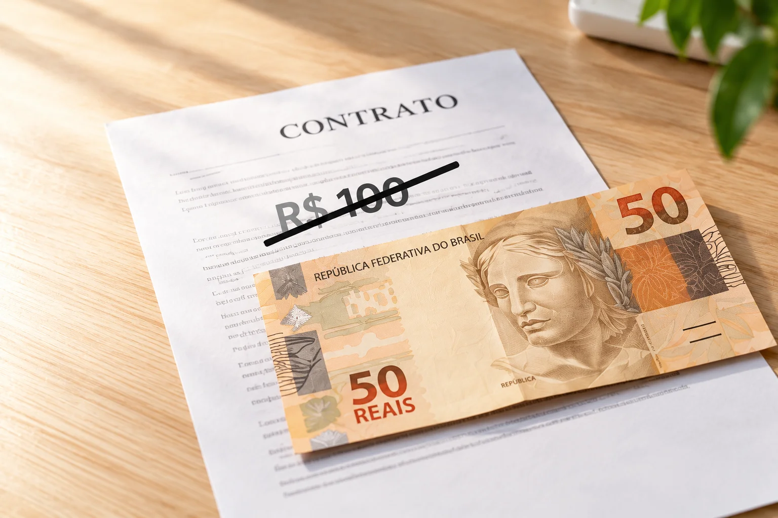 Nota de 50 reais sobre contrato com 100 reais riscado, representando a redução pela metade.