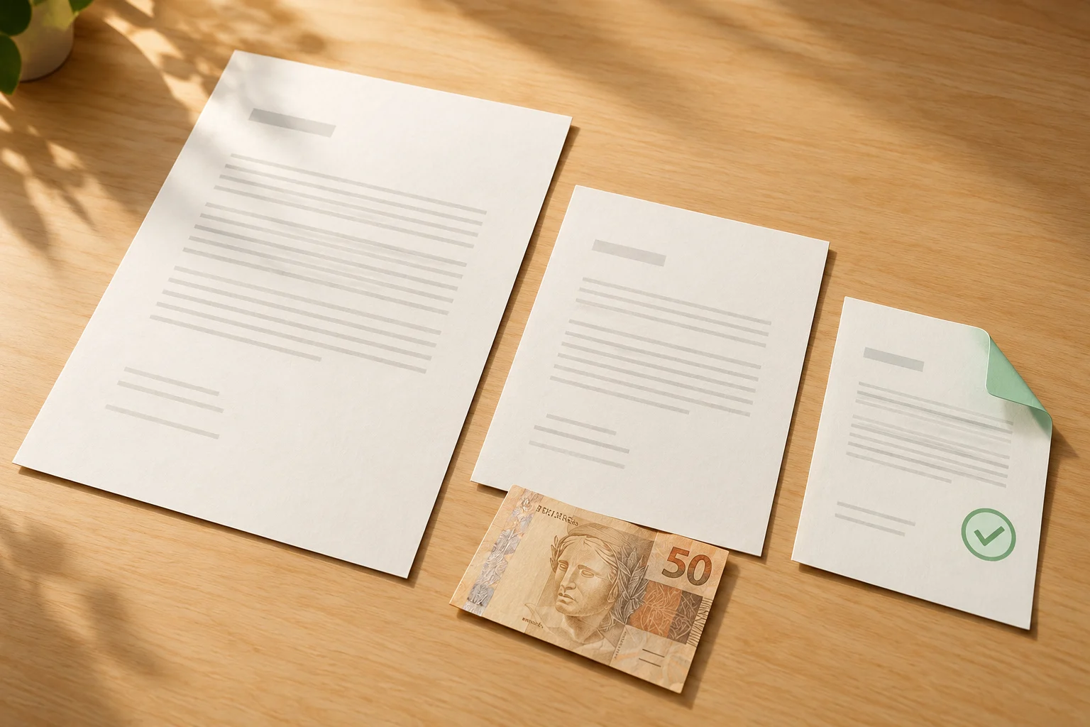 Contratos de tamanhos decrescentes ao lado de uma nota de cinquenta reais.