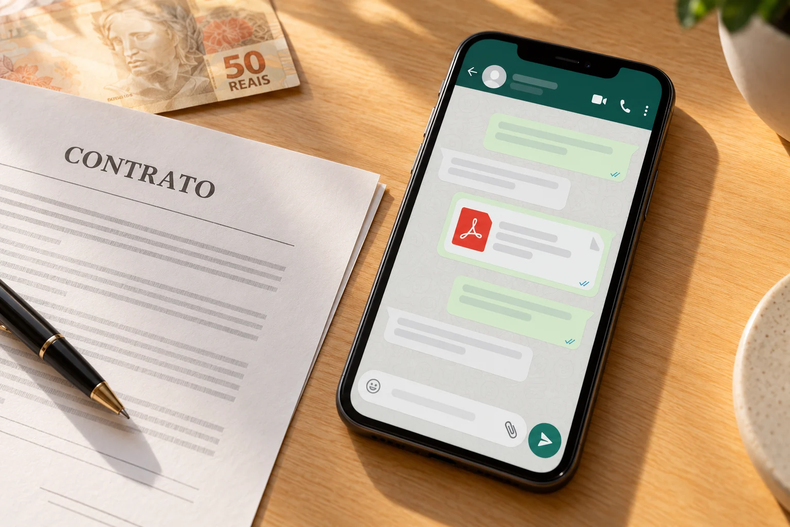 Contrato vigente sendo encaminhado em uma conversa pelo WhatsApp.