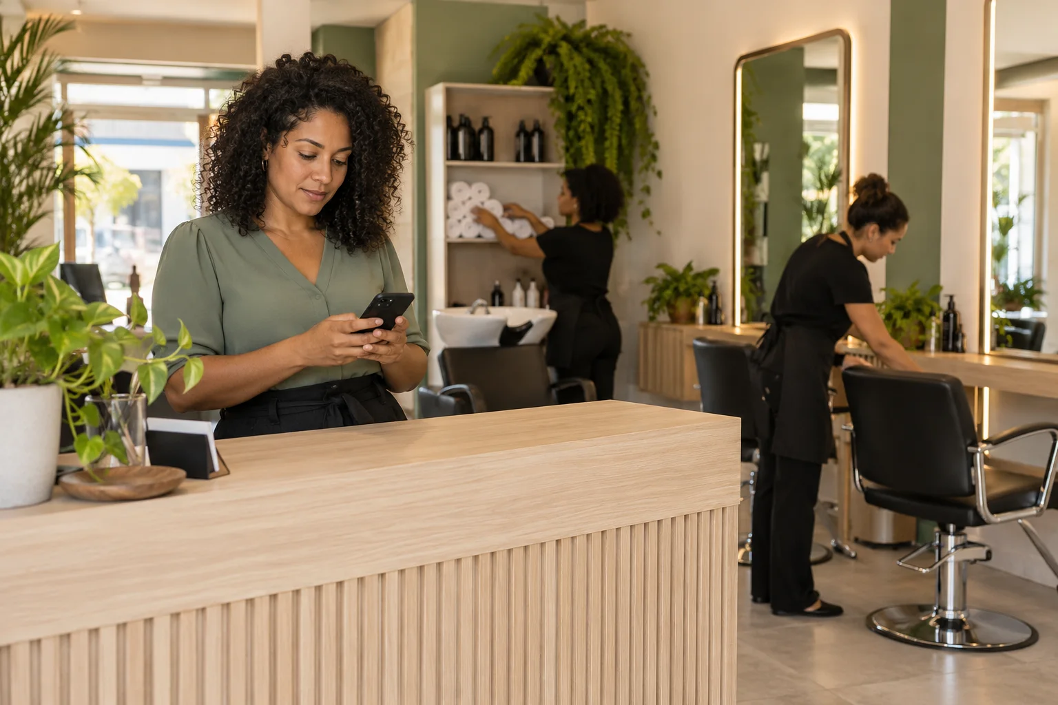 Recepcionista consulta o celular enquanto a equipe prepara o salão antes da abertura